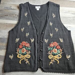 Vintage Sweater Vest Margules Large Floral Bouquet Needlepoint Embroidery